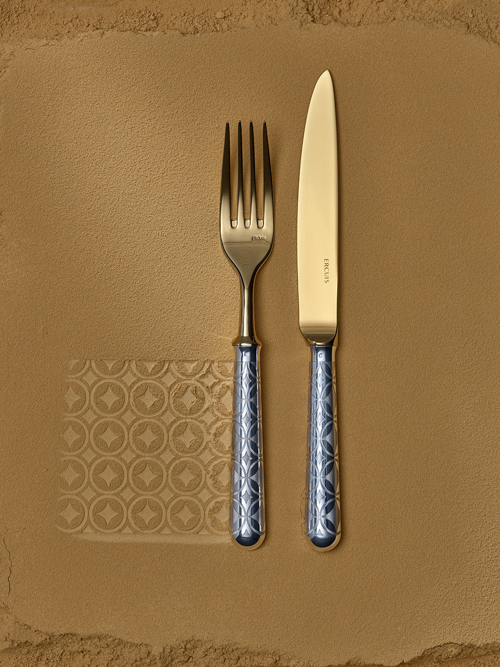 Ercuis gold fork and knife with patterned handles