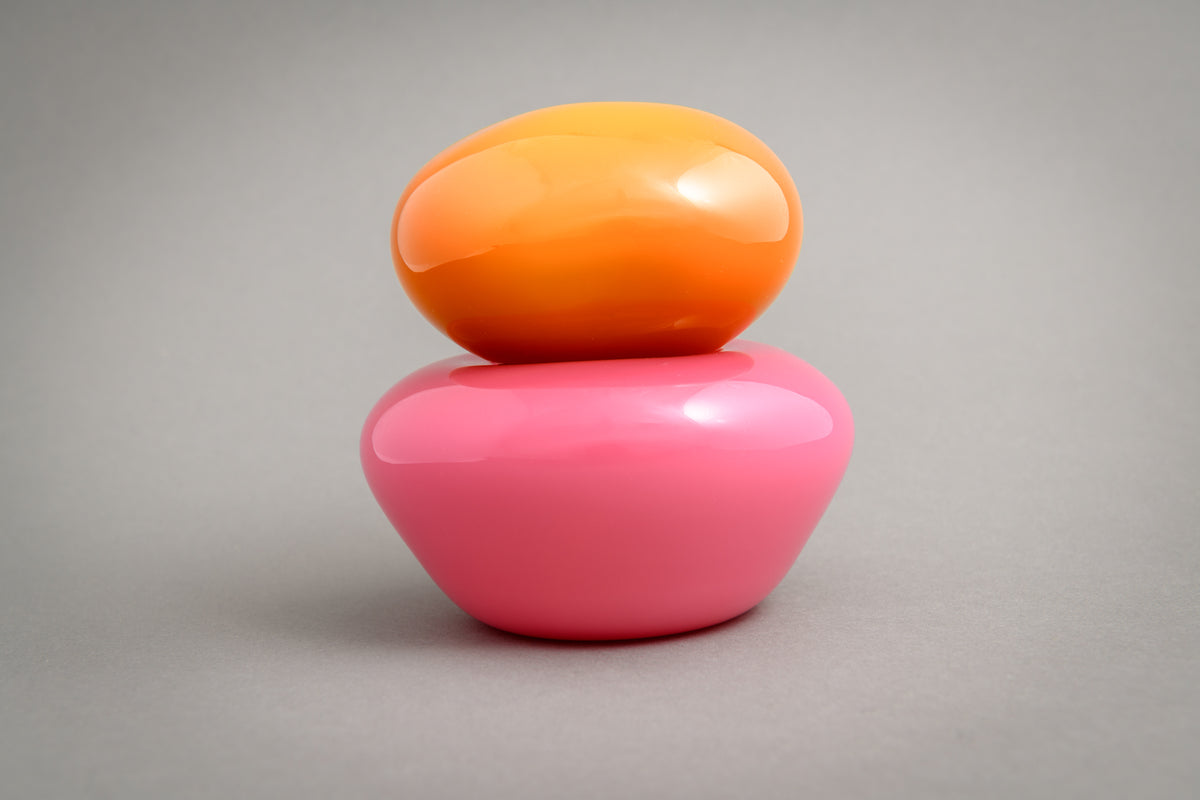 Stacked orange and pink Helle Mardahl glass bonbonnière