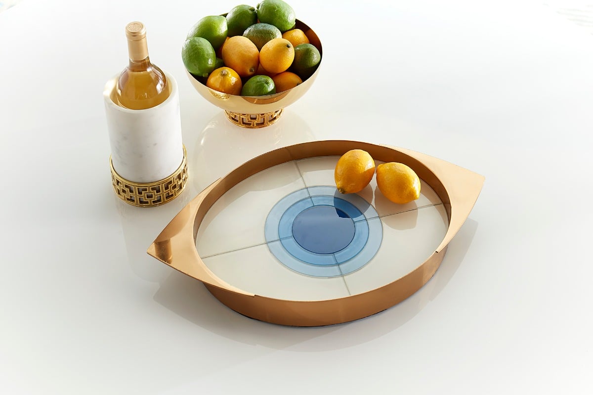 Jonathan Adler brass and marble wine cooler, fruit bowl and tray