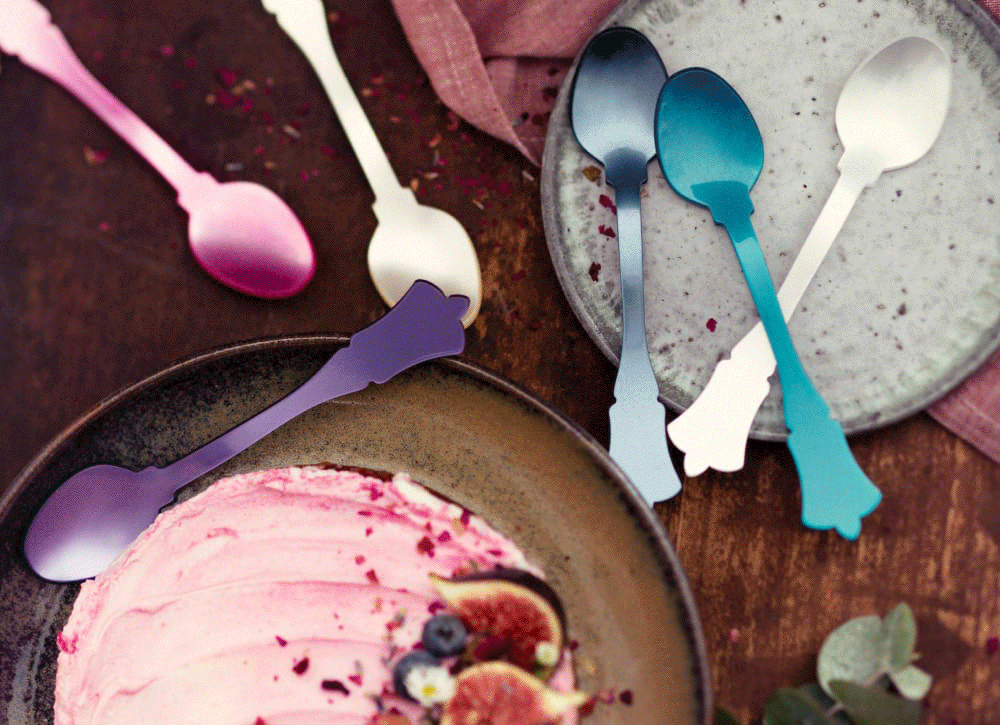 Sabre spoons in pastel pink, blue, purple and white