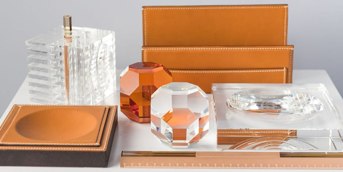 Ralph Lauren Home desk accessories in tan leather and crystal