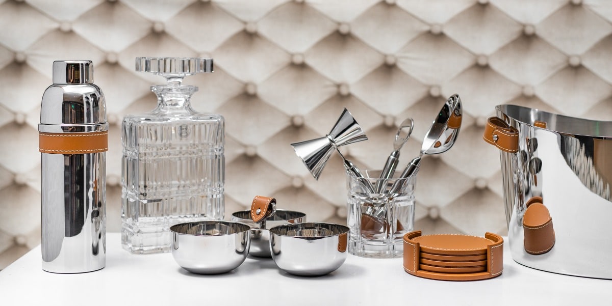 Ralph Lauren Home barware: cocktail shaker, crystal decanter, bowls and coasters