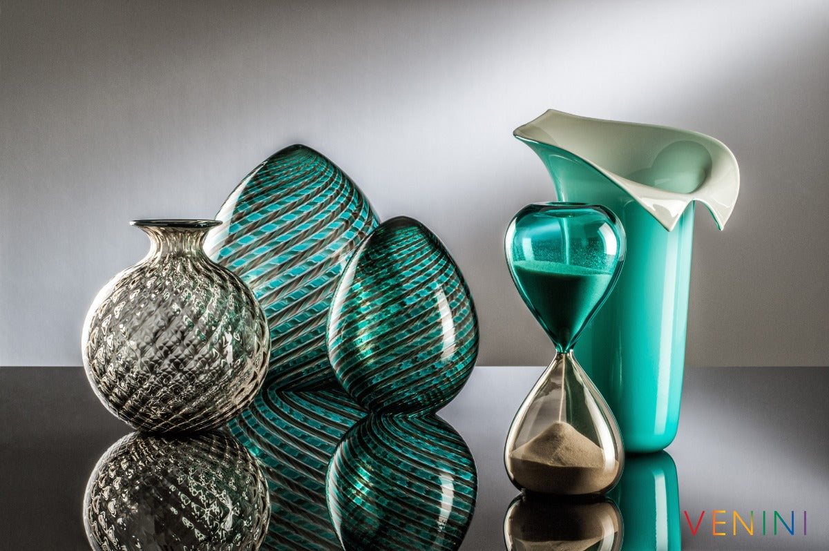 Venini glass in teal and smoke: a ribbed bottle, striped eggs, an hourglass and a calla lily vase