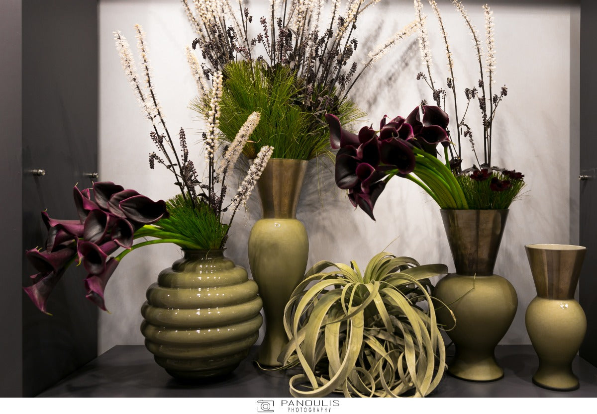 Olive green Venini glass vases with flowers