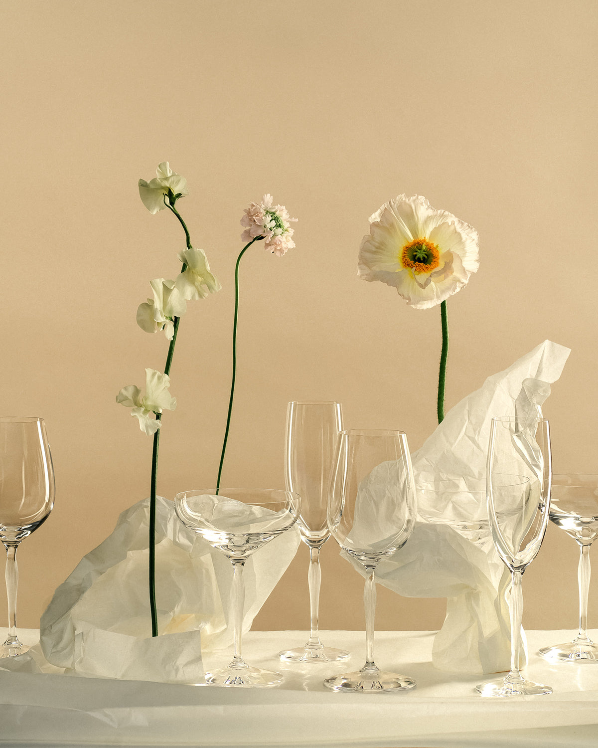 Lalique crystal wine glasses with spring flowers