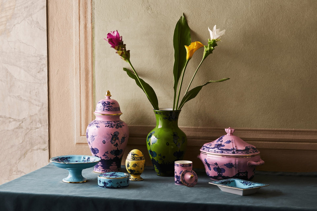 Ginori 1735 porcelain jars and vases in pink and green with fresh flowers