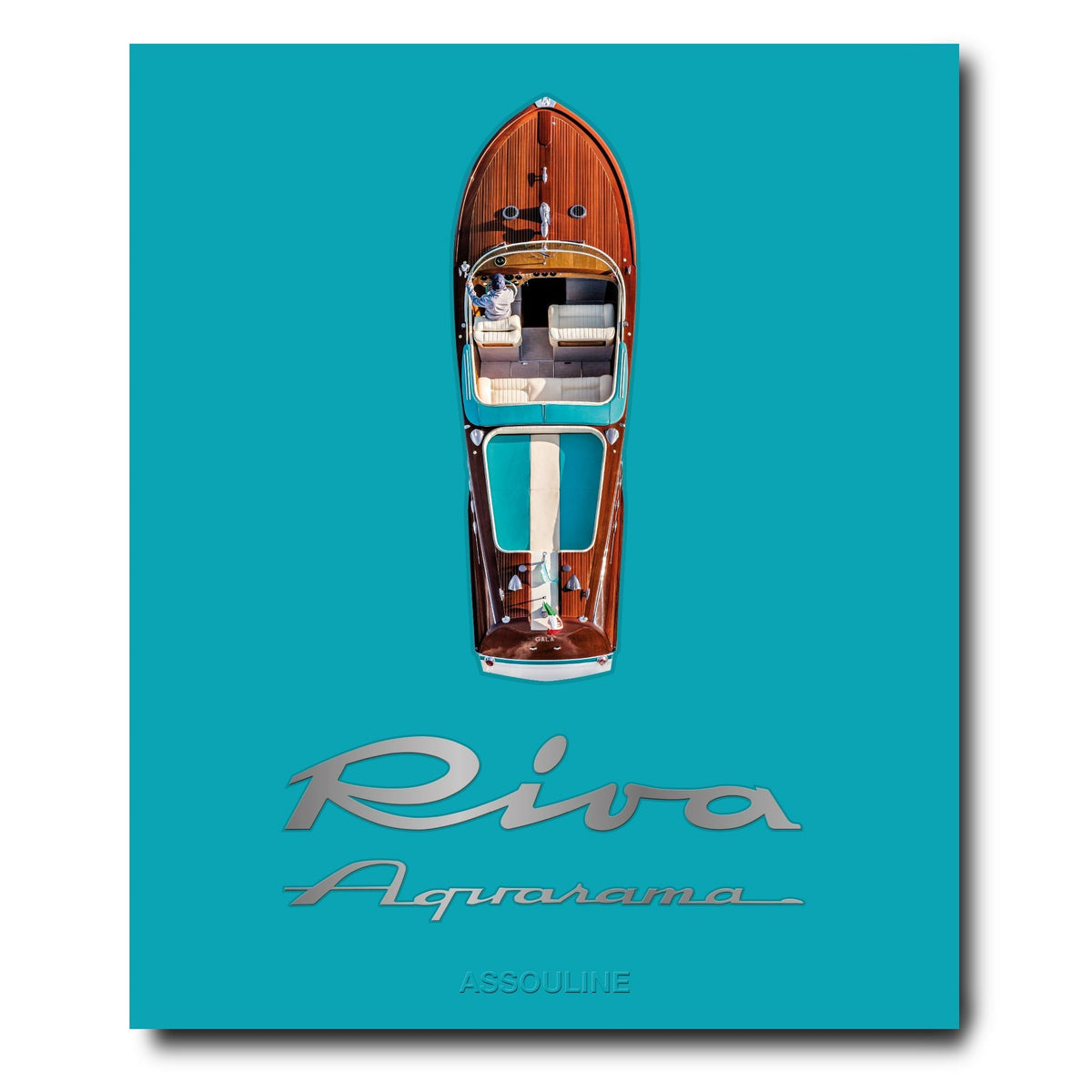 The Riva Aquarama book by Assouline, its turquoise cover showing a wooden Riva speedboat from above