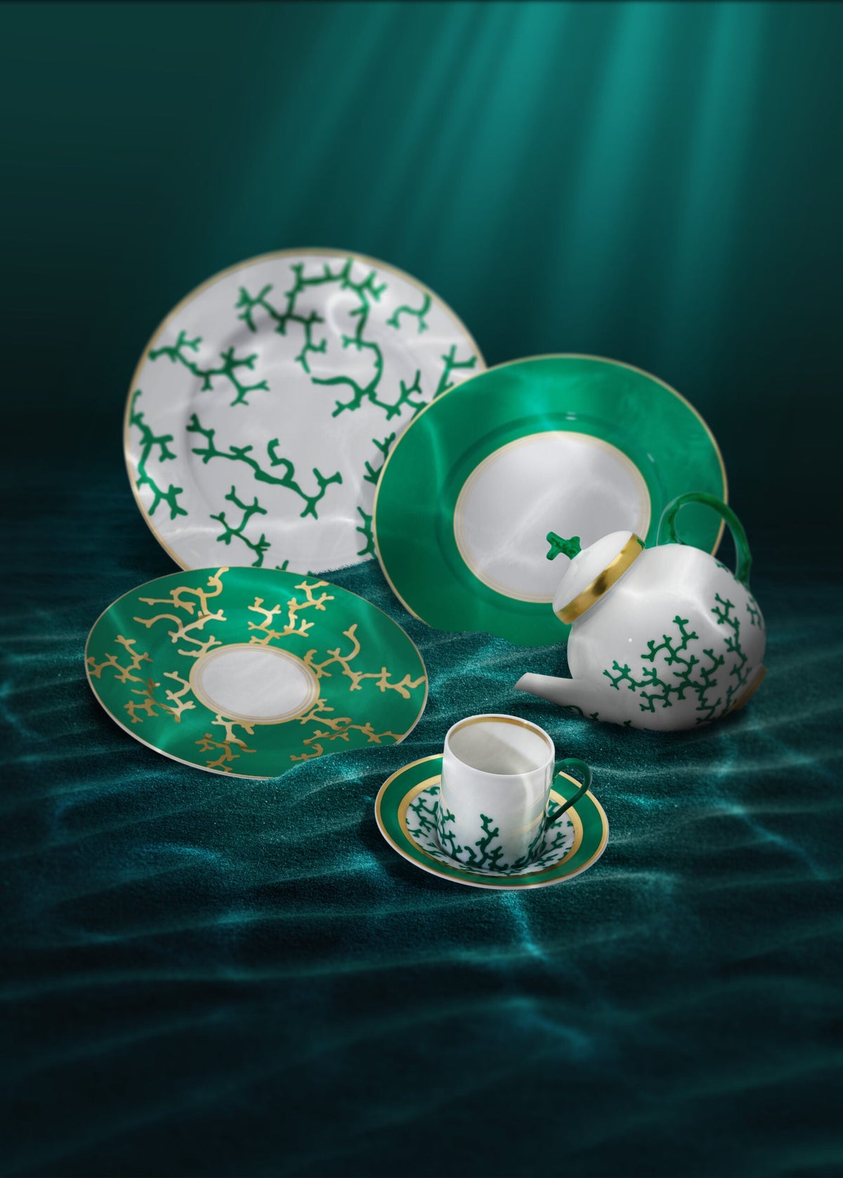 Raynaud Cristobal porcelain by Alberto Pinto in emerald green and white with coral motifs, on an underwater backdrop