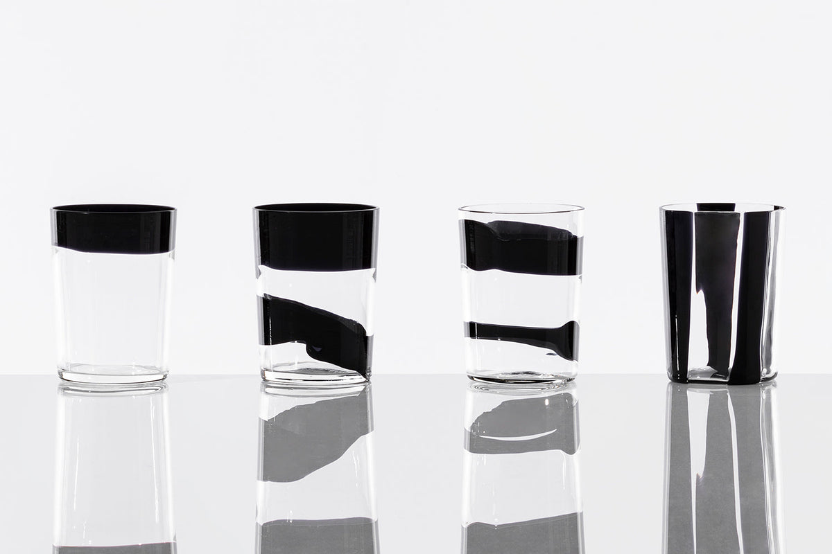Black Belt tumblers by Peter Marino for Venini: clear Murano glasses with bold black bands in four patterns