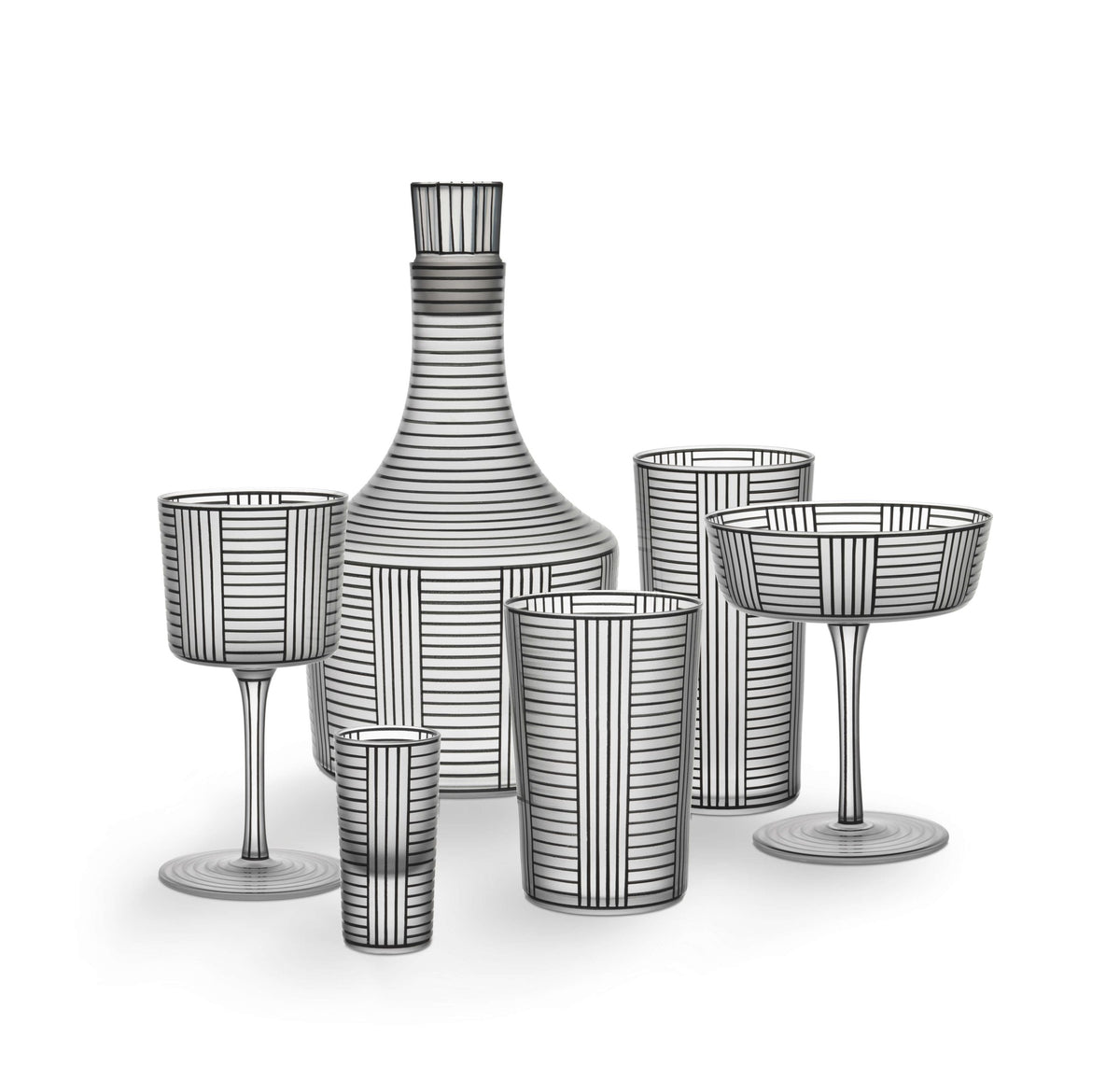 Lobmeyr glassware with fine black stripes: decanter, glasses and coupe