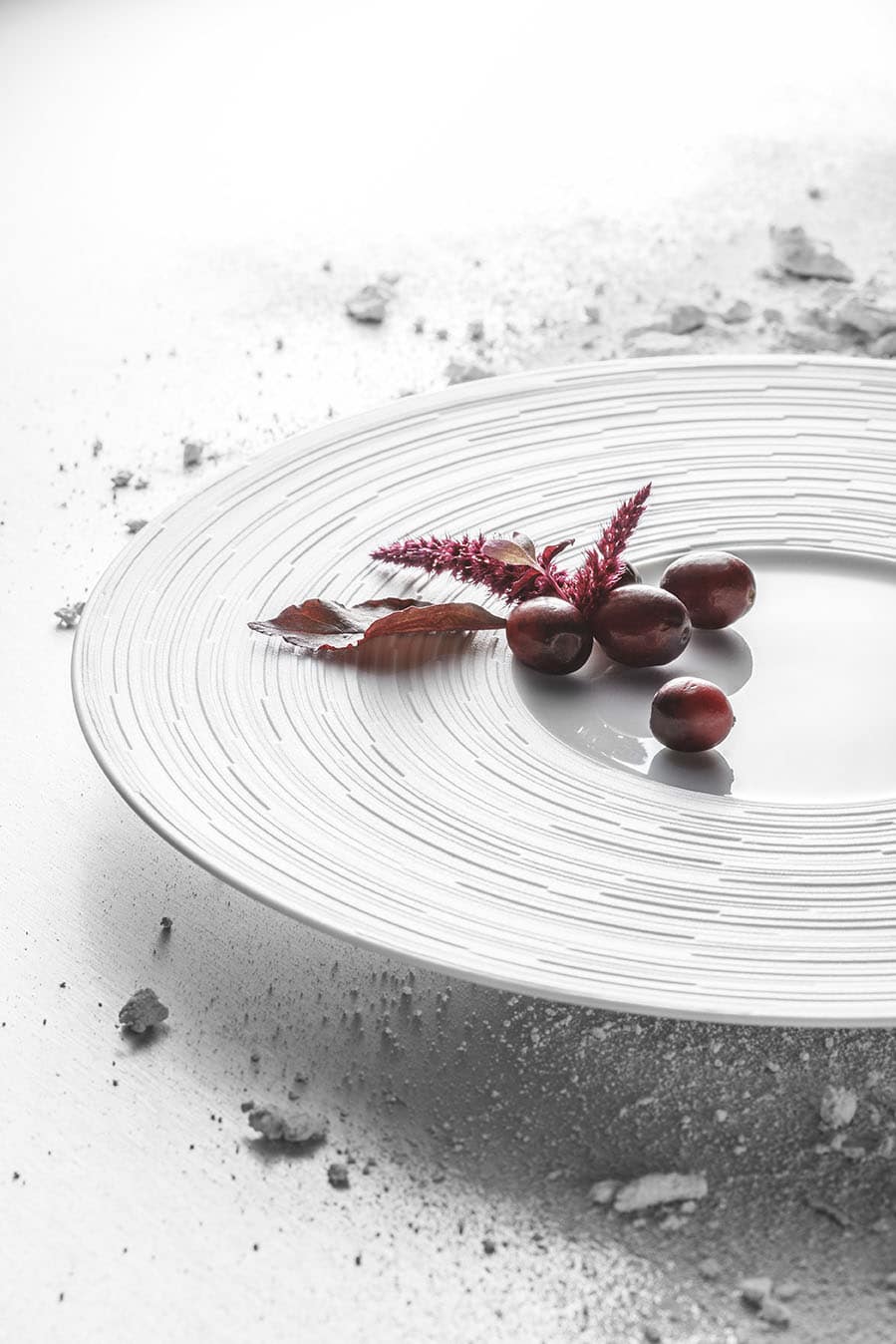 White J.L. Coquet Hemisphere plate with red berries