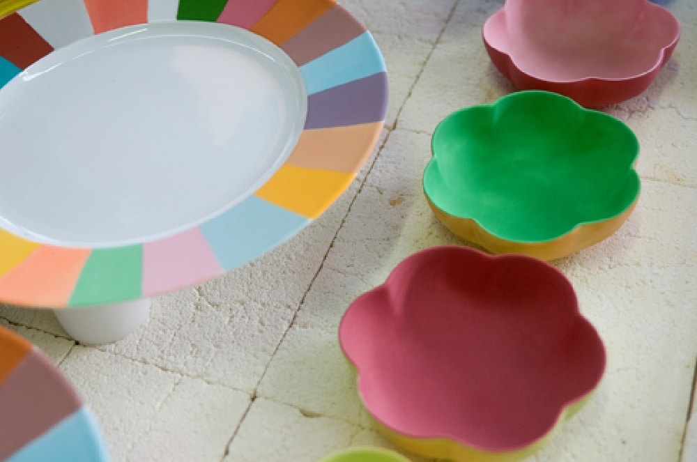 Seignolles porcelain cake stand with a multicoloured rim and flower-shaped bowls