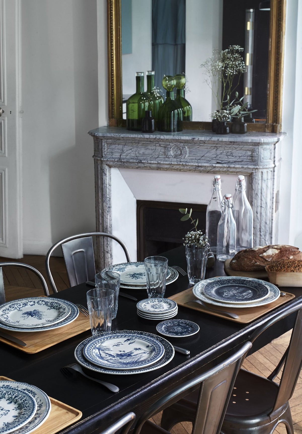 Table set with Gien blue and white faience dinnerware