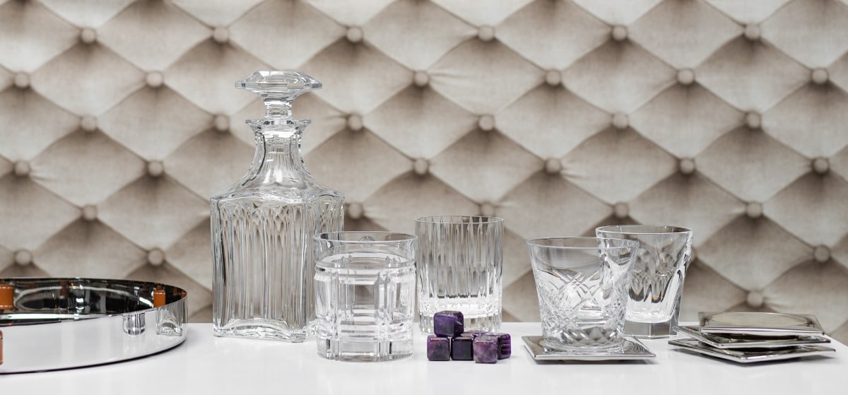 Ralph Lauren Home crystal decanter and tumblers with a silver tray