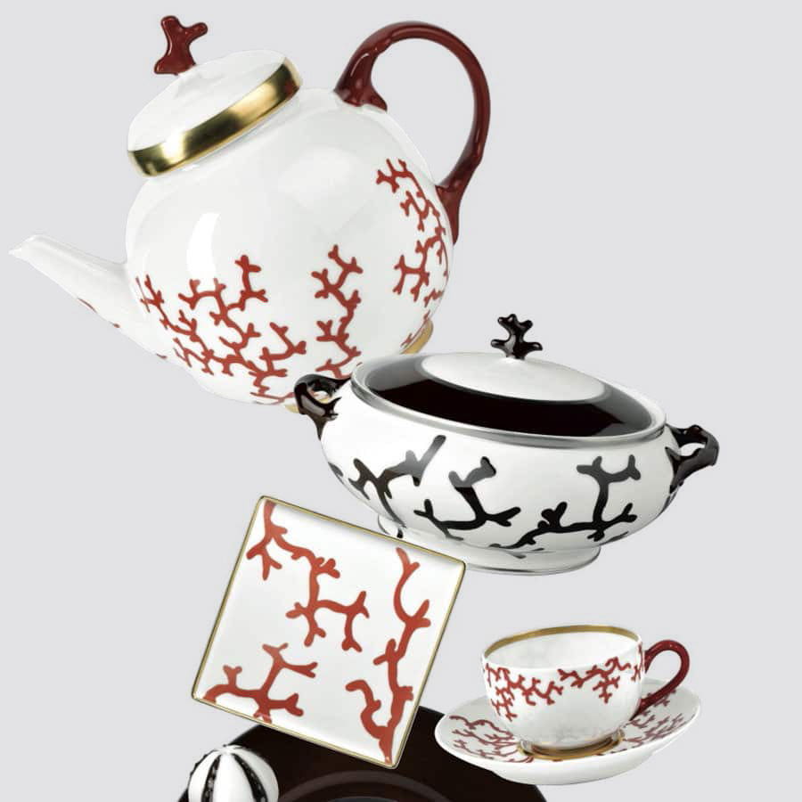 Raynaud Cristobal porcelain teapot, tureen, tray and cup with coral motifs