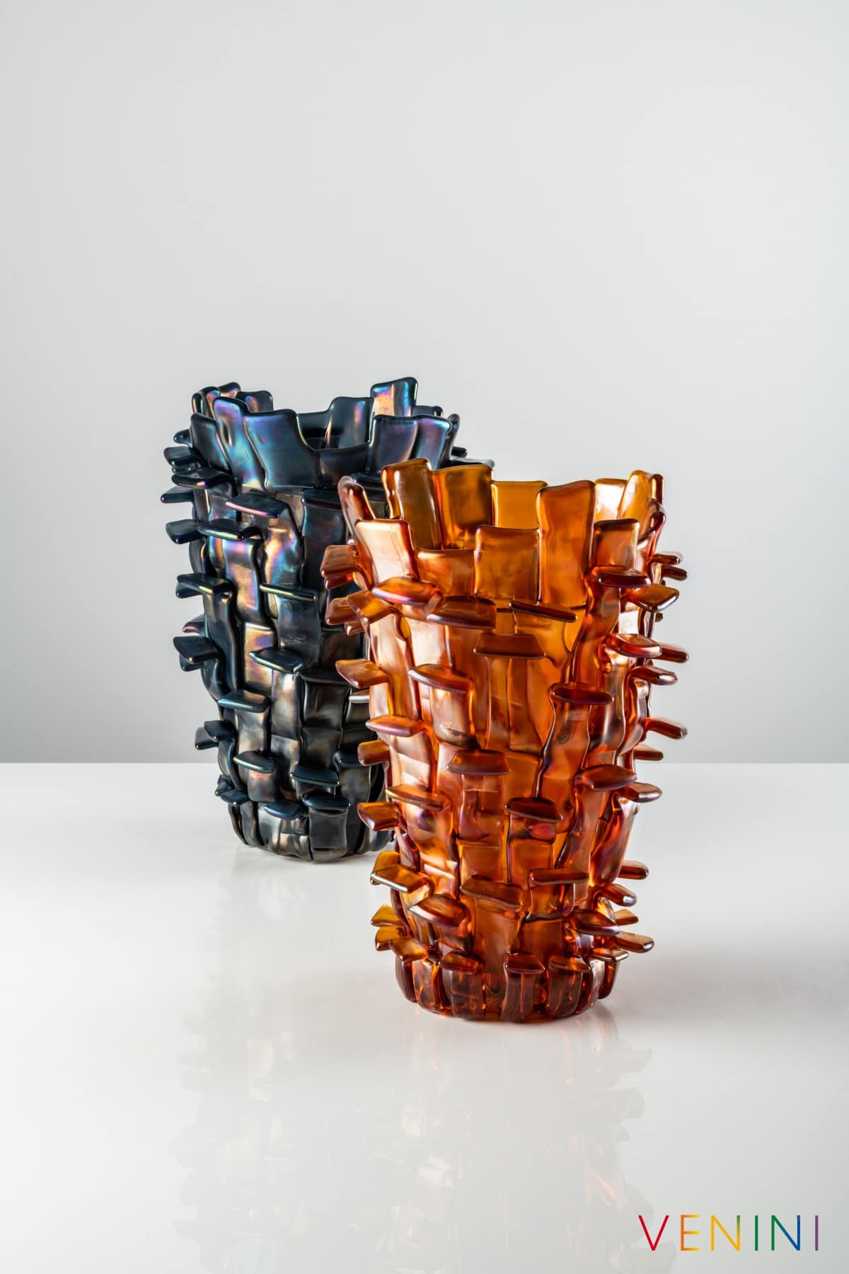 Ritagli vases by Fulvio Bianconi for Venini, in iridescent blue and amber glass
