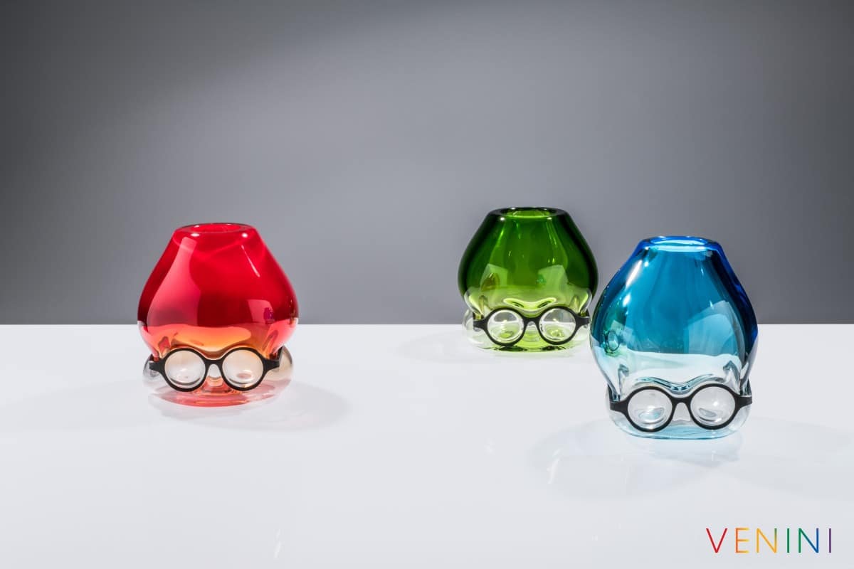 Where Are My Glasses? vases by Ron Arad for Venini in red, green and blue, with glass spectacles