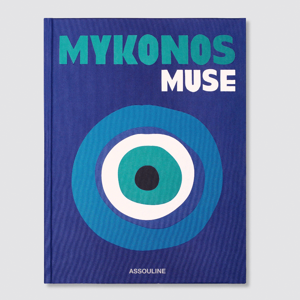 Assouline Mykonos Muse book with an evil-eye cover